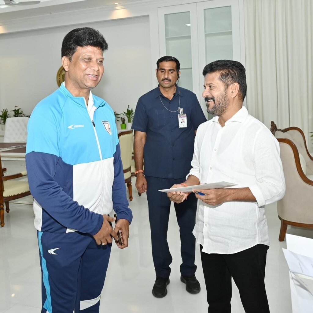 G. Palguna the secretary of the Telangana Football Association with Telangana Chief Minister Revanth Reddy in Hyderabad Image Credits Sportstar 1
